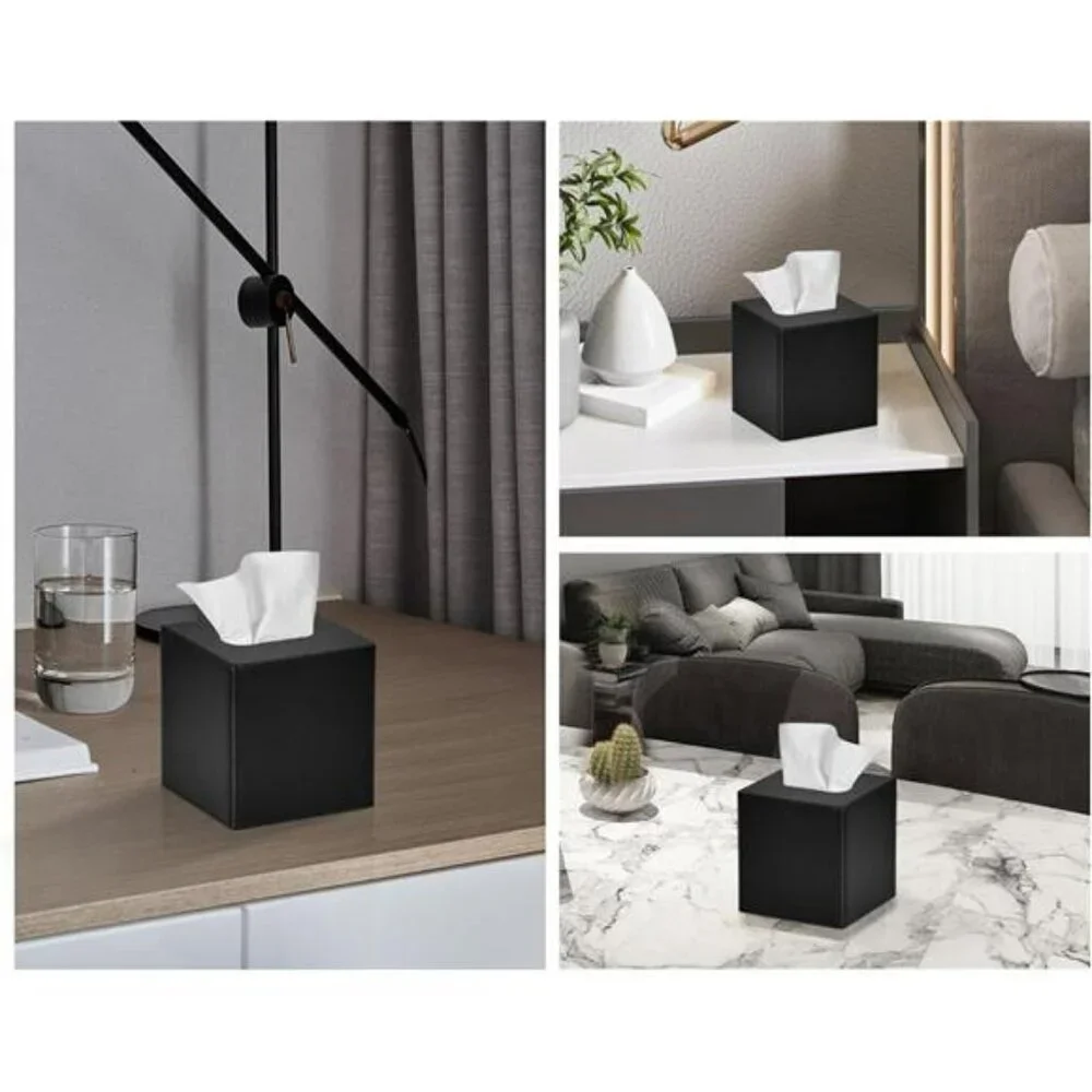 Black PU leather square tissue box cover holder for bathroom bedroom office deco